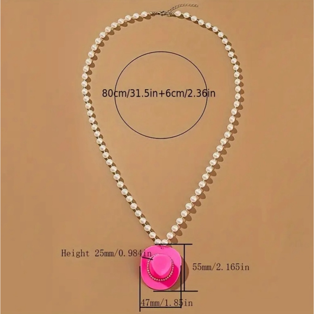 Pearl Necklace with Pink Cowboy Hat Rhinestone Pendant - Picture 4 of 4